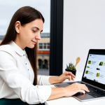 A professional female entrepreneur in her late 20s, wearing a modest business casual outfit, fully clothed, sitting at a clean, minimalist desk in a bright, modern co-working space in a European city. She is focused on a laptop screen, which displays a professional e-commerce store interface with well-photographed artisanal products. A tablet showing social media analytics and an email newsletter draft is beside her. The background is softly blurred, indicating a collaborative and efficient work environment. The scene emphasizes digital strategy, global reach, and community engagement. appropriate attire, professional dress, safe for work, appropriate content, perfect anatomy, natural proportions, well-formed hands, proper finger count, natural body proportions, professional, high quality, studio lighting.