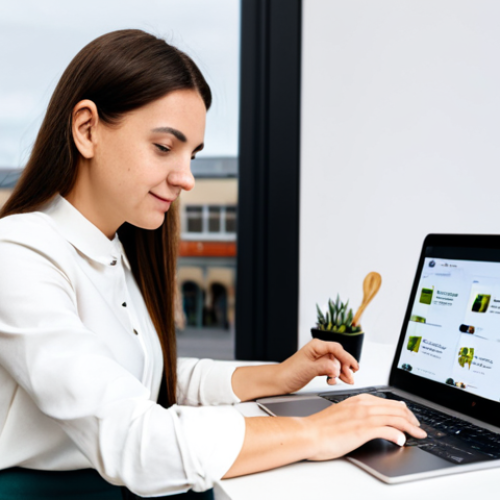 Home 4 A professional female entrepreneur in her late 20s, wearing a modest business casual outfit, fully clothed, sitting at a clean, minimalist desk in a bright, modern co-working space in a European city. She is focused on a laptop screen, which displays a professional e-commerce store interface with well-photographed artisanal products. A tablet showing social media analytics and an email newsletter draft is beside her. The background is softly blurred, indicating a collaborative and efficient work environment. The scene emphasizes digital strategy, global reach, and community engagement. appropriate attire, professional dress, safe for work, appropriate content, perfect anatomy, natural proportions, well-formed hands, proper finger count, natural body proportions, professional, high quality, studio lighting.