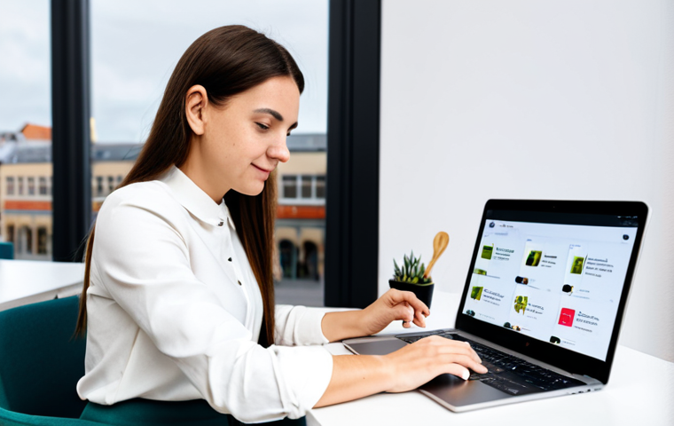 A professional female entrepreneur in her late 20s, wearing a modest business casual outfit, fully clothed, sitting at a clean, minimalist desk in a bright, modern co-working space in a European city. She is focused on a laptop screen, which displays a professional e-commerce store interface with well-photographed artisanal products. A tablet showing social media analytics and an email newsletter draft is beside her. The background is softly blurred, indicating a collaborative and efficient work environment. The scene emphasizes digital strategy, global reach, and community engagement. appropriate attire, professional dress, safe for work, appropriate content, perfect anatomy, natural proportions, well-formed hands, proper finger count, natural body proportions, professional, high quality, studio lighting.