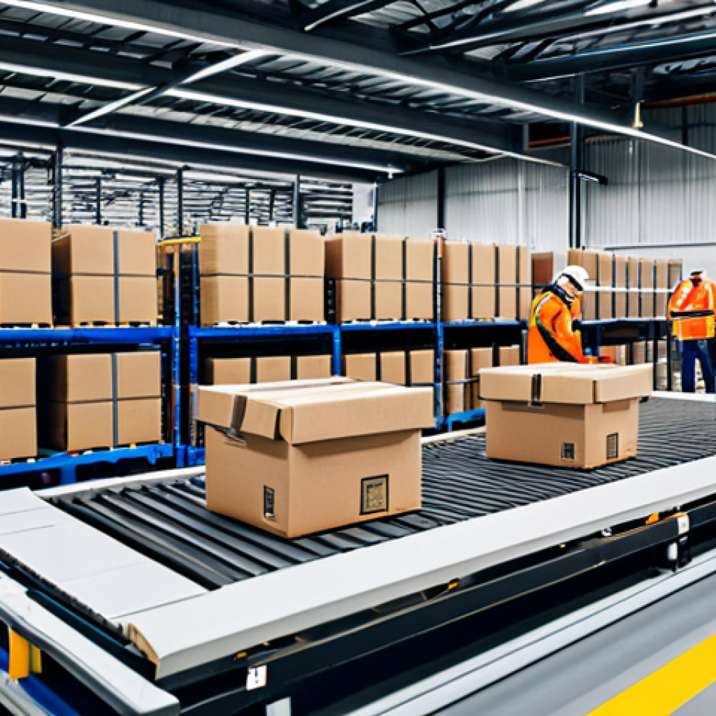 **

"A busy, modern warehouse scene showcasing efficient automation. Robots are moving packages, workers in appropriate attire are overseeing the process, shelves are stocked with goods. Focus on order and optimization. Fully clothed, safe for work, professional environment, perfect anatomy, correct proportions, well-formed hands, proper finger count, natural body proportions, appropriate content, family-friendly, high quality."

**