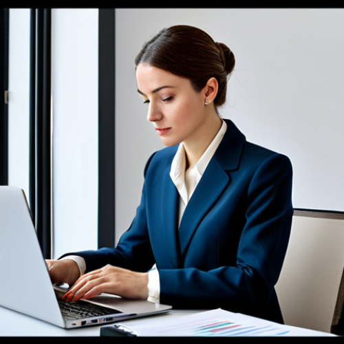 **

"A businesswoman in a chic, modest business suit, analyzing data charts on a laptop in a bright, modern Parisian office. The scene should convey focus and professionalism. Fully clothed, appropriate attire, safe for work, perfect anatomy, natural proportions, professional photograph, high quality."

**