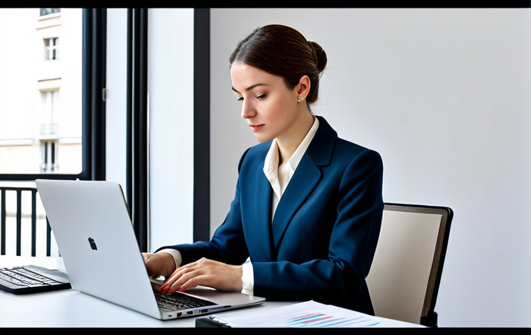 **
"A businesswoman in a chic, modest business suit, analyzing data charts on a laptop in a bright, modern Parisian office. The scene should convey focus and professionalism. Fully clothed, appropriate attire, safe for work, perfect anatomy, natural proportions, professional photograph, high quality."
**