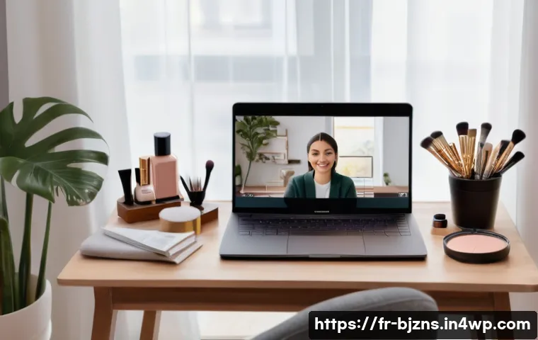 로우코스트 비즈니스 모델의 수익원 다각화 방안 - A modern small cosmetics business owner conducting a personalized online beauty consultation via vid...