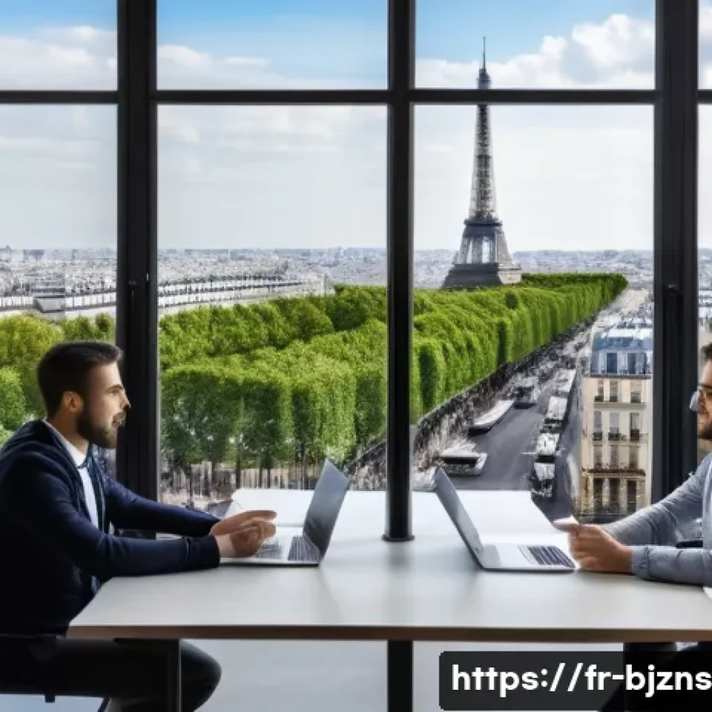 로우코스트 비즈니스 모델의 경쟁 분석 방법 - A detailed digital marketing strategy meeting scene set in a modern Parisian office, featuring a div...