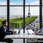 Home 19 로우코스트 비즈니스 모델의 경쟁 분석 방법 - A detailed digital marketing strategy meeting scene set in a modern Parisian office, featuring a div...