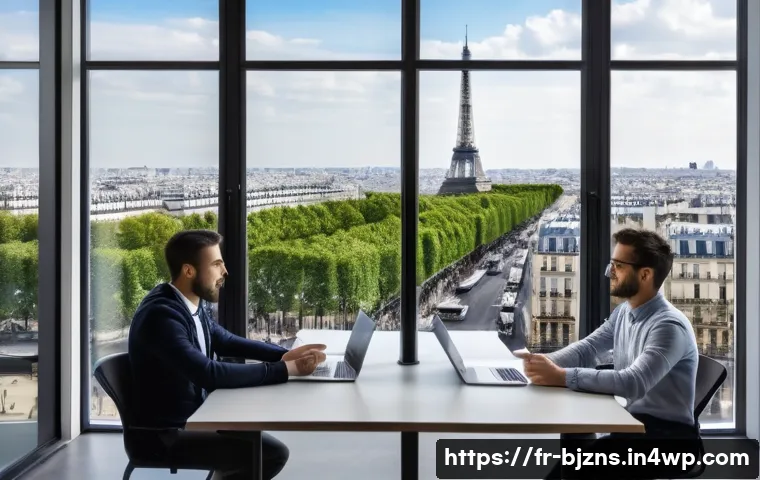 로우코스트 비즈니스 모델의 경쟁 분석 방법 - A detailed digital marketing strategy meeting scene set in a modern Parisian office, featuring a div...