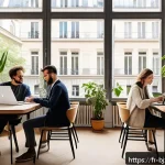 Home 23 로우코스트 비즈니스 모델의 실행 계획 수립하기 - A modern coworking space in Paris with diverse professionals working on laptops, some in casual tele...