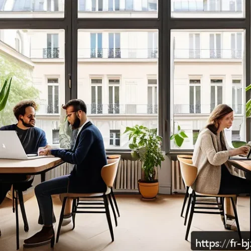 Home 17 로우코스트 비즈니스 모델의 실행 계획 수립하기 - A modern coworking space in Paris with diverse professionals working on laptops, some in casual tele...