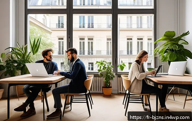 로우코스트 비즈니스 모델의 실행 계획 수립하기 - A modern coworking space in Paris with diverse professionals working on laptops, some in casual tele...