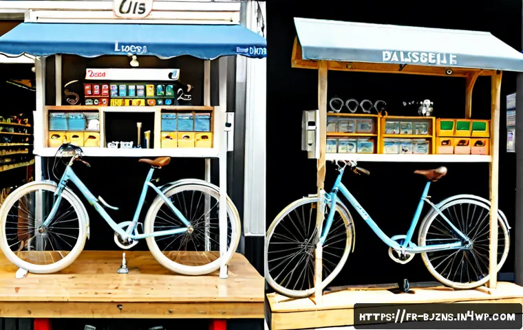 로우코스트 비즈니스 모델과 전통적 비즈니스 모델 비교 - Photorealistic split-scene comparison of two small French retail businesses: on the left, a lean low...
